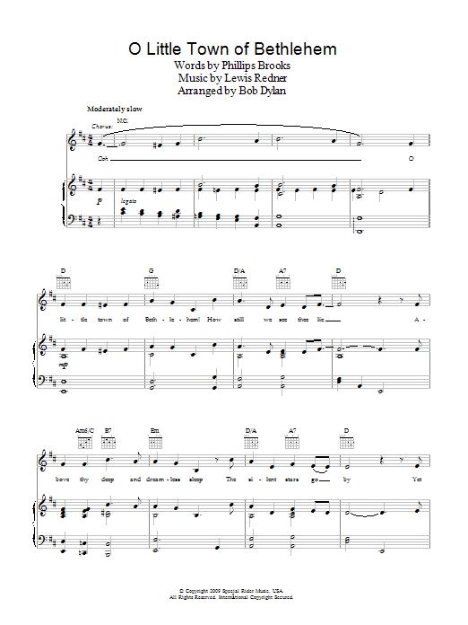 Download Bob Dylan O Little Town Of Bethlehem Sheet Music and learn how to play Piano, Vocal & Guitar (Right-Hand Melody) PDF digital score in minutes
