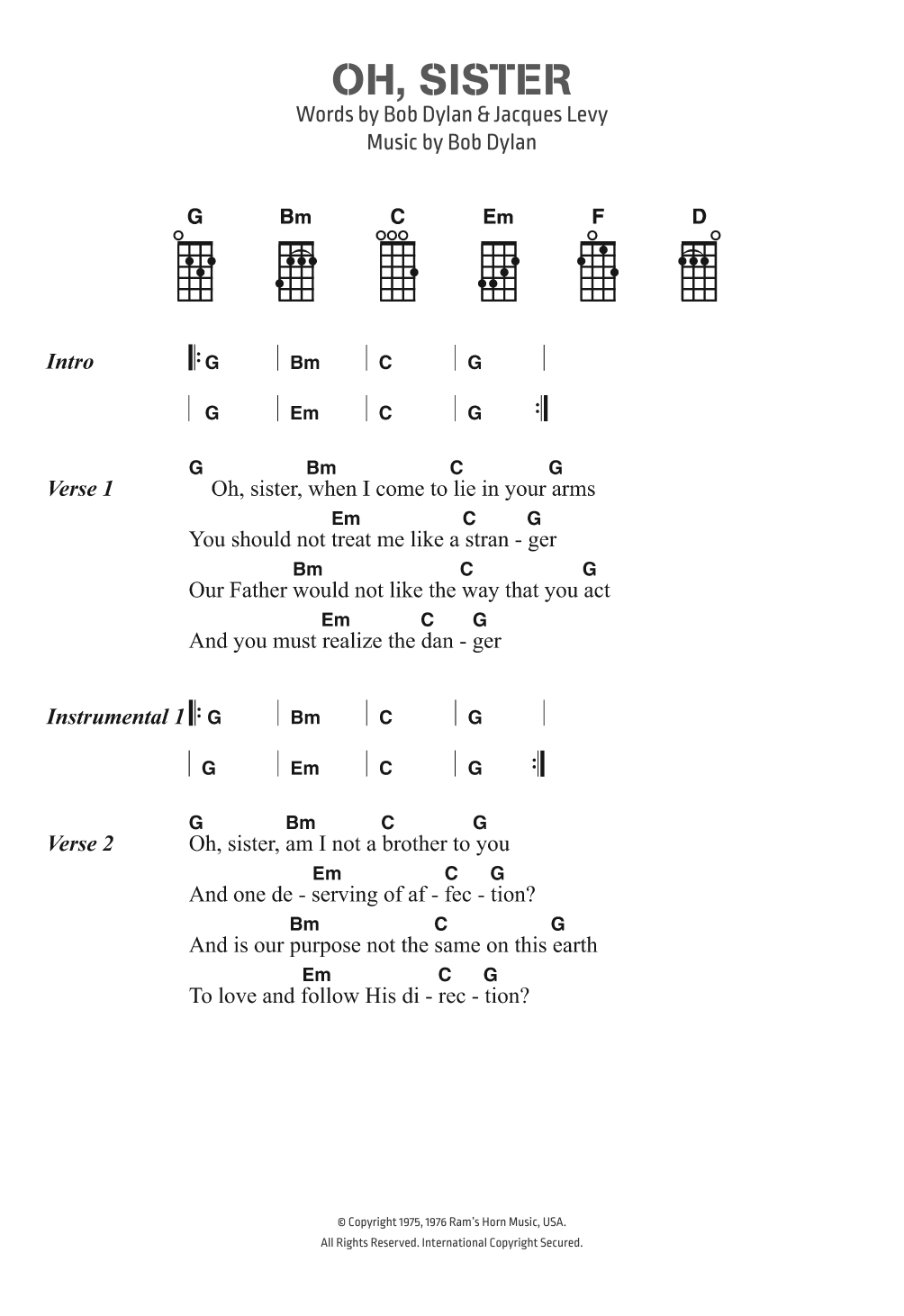 Download Bob Dylan Oh, Sister Sheet Music and learn how to play Ukulele Lyrics & Chords PDF digital score in minutes