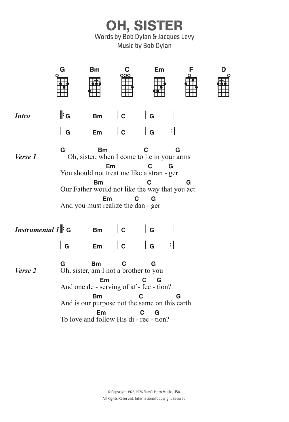 Download Bob Dylan Oh, Sister Sheet Music and learn how to play Lyrics & Chords PDF digital score in minutes