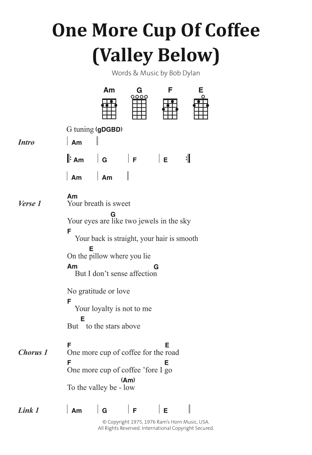 Download Bob Dylan One More Cup Of Coffee (Valley Below) Sheet Music and learn how to play Ukulele Lyrics & Chords PDF digital score in minutes