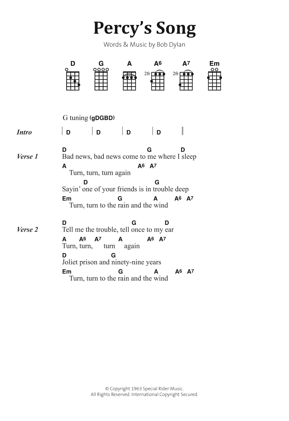 Download Bob Dylan Percy's Song Sheet Music and learn how to play Banjo Lyrics & Chords PDF digital score in minutes