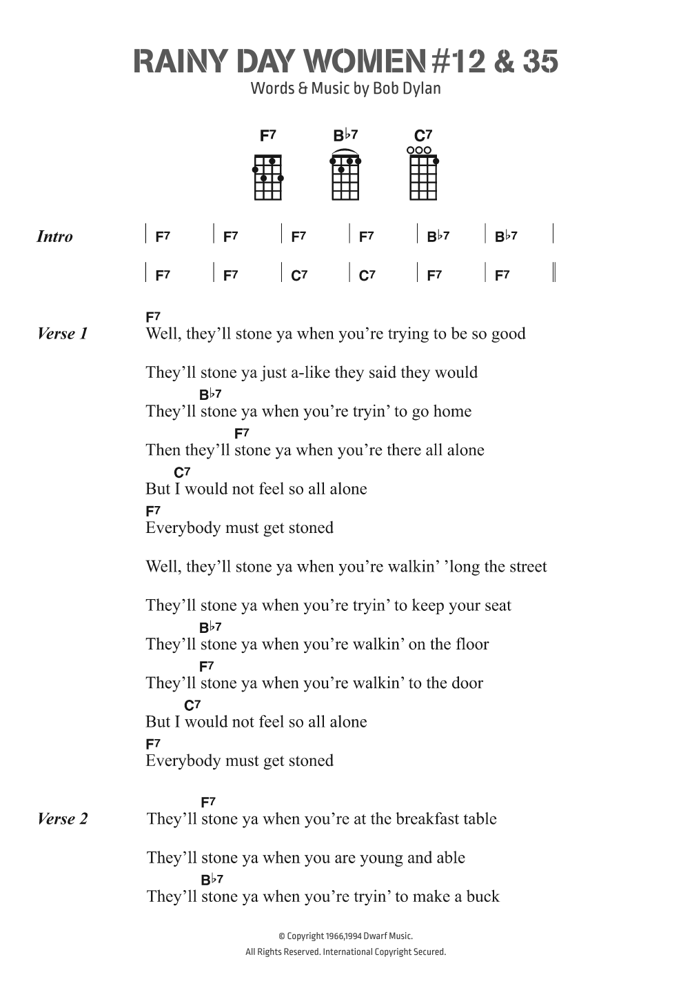 Download Bob Dylan Rainy Day Women #12 & #35 Sheet Music and learn how to play Ukulele Lyrics & Chords PDF digital score in minutes