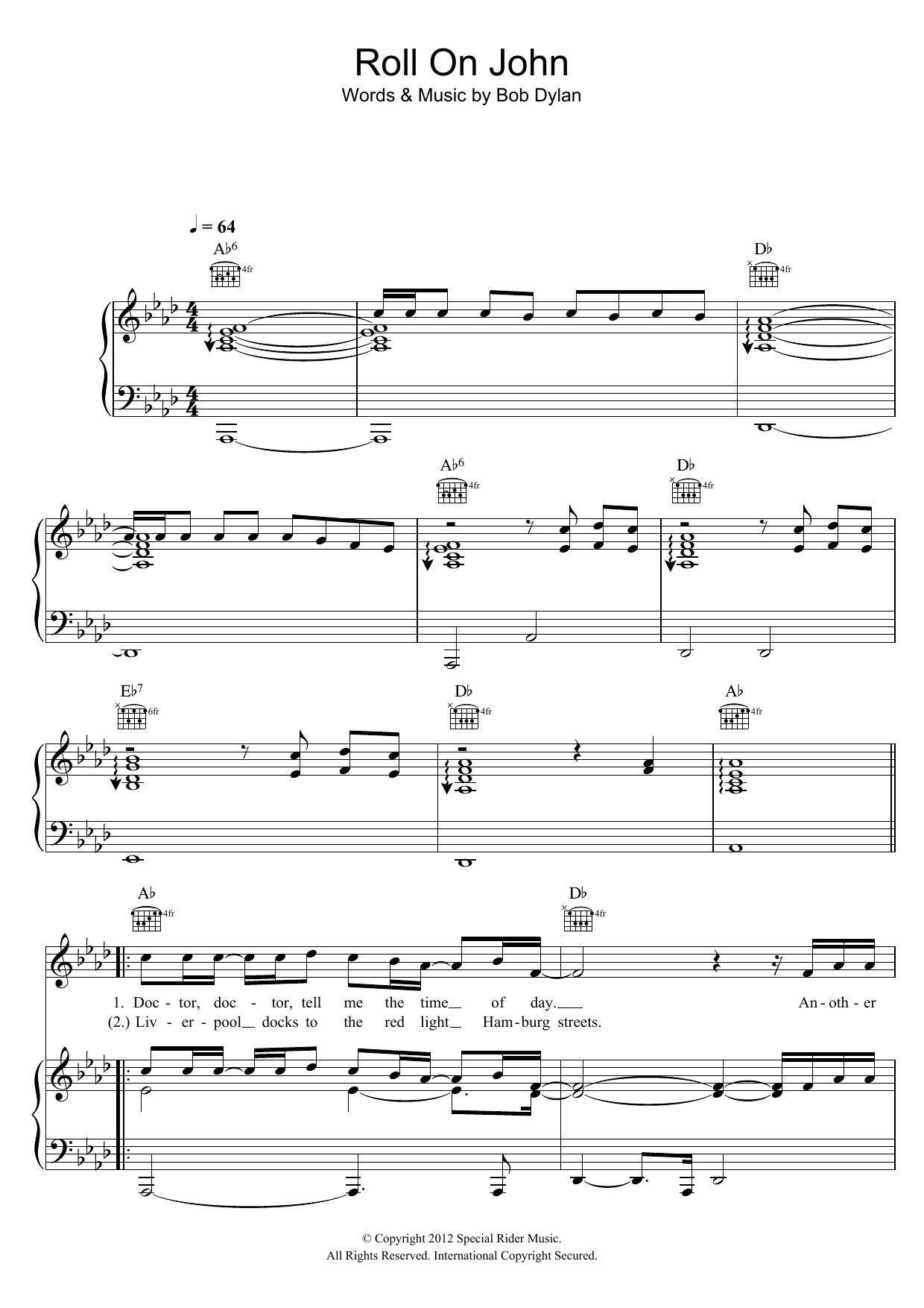 Download Bob Dylan Roll On John Sheet Music and learn how to play Piano, Vocal & Guitar (Right-Hand Melody) PDF digital score in minutes