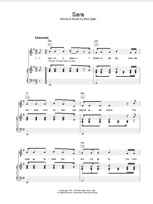 Download Bob Dylan Sara Sheet Music and learn how to play Lyrics & Chords PDF digital score in minutes