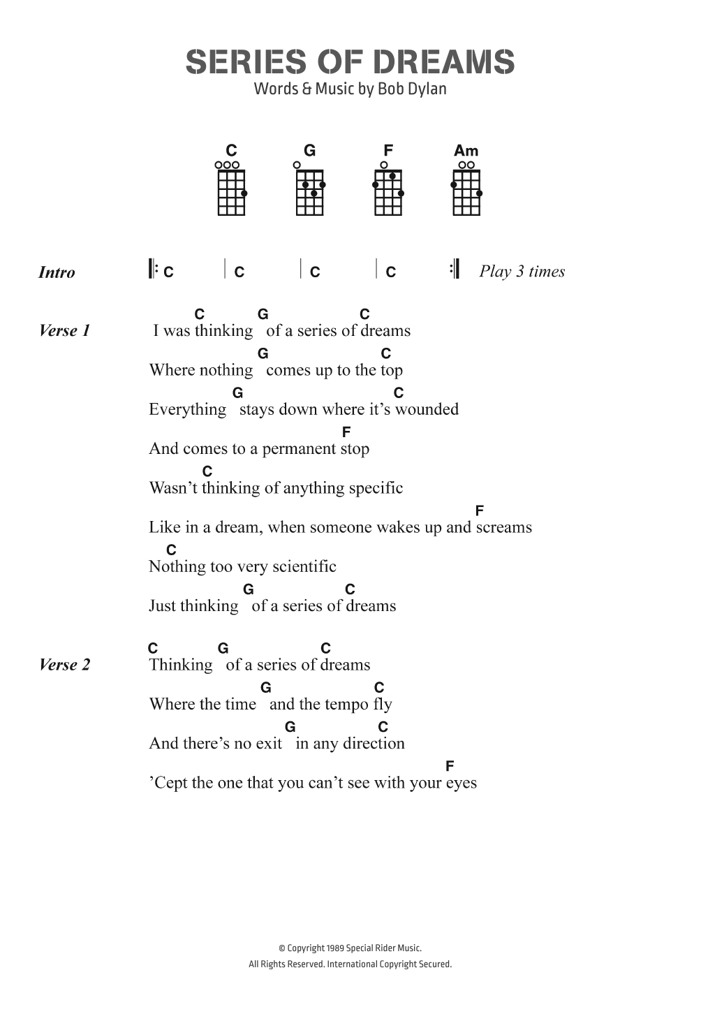 Download Bob Dylan Series Of Dreams Sheet Music and learn how to play Ukulele Lyrics & Chords PDF digital score in minutes