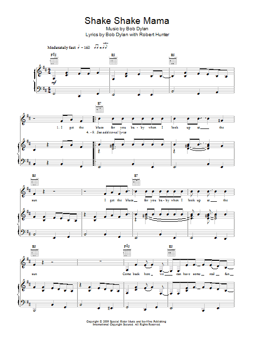 Download Bob Dylan Shake Shake Mama Sheet Music and learn how to play Piano, Vocal & Guitar (Right-Hand Melody) PDF digital score in minutes