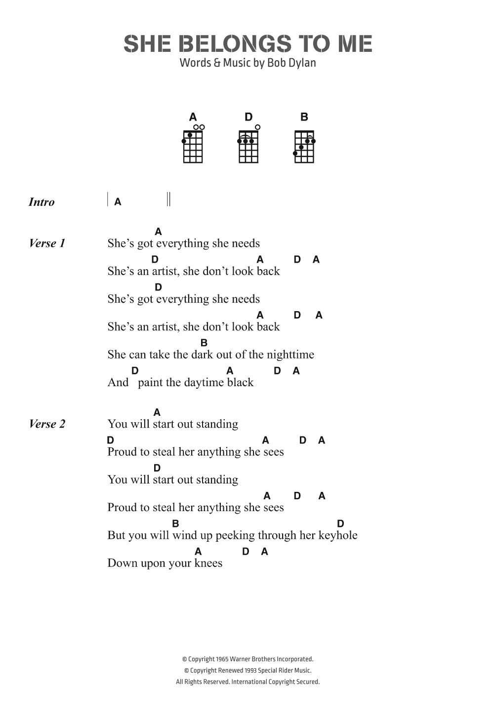 Download Bob Dylan She Belongs To Me Sheet Music and learn how to play Ukulele Lyrics & Chords PDF digital score in minutes