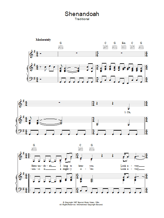 Download Bob Dylan Shenandoah Sheet Music and learn how to play Piano, Vocal & Guitar (Right-Hand Melody) PDF digital score in minutes