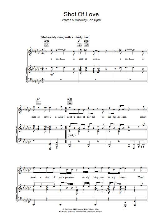 Download Bob Dylan Shot Of Love Sheet Music and learn how to play Piano, Vocal & Guitar (Right-Hand Melody) PDF digital score in minutes