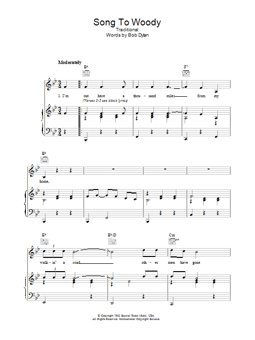Download Bob Dylan Song To Woody Sheet Music and learn how to play Piano, Vocal & Guitar (Right-Hand Melody) PDF digital score in minutes