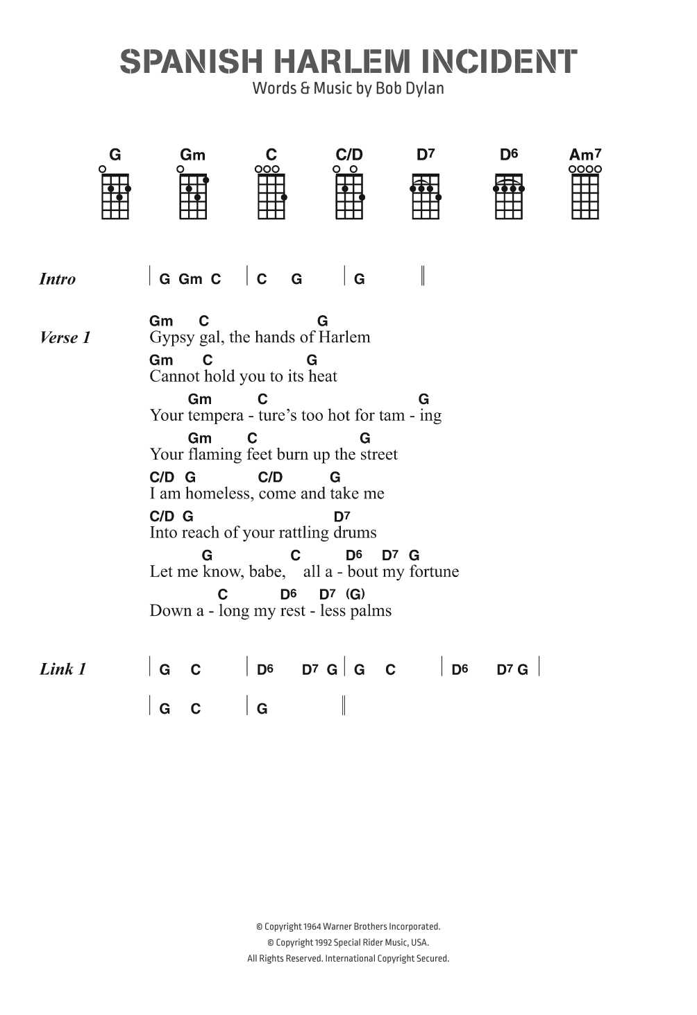 Download Bob Dylan Spanish Harlem Incident Sheet Music and learn how to play Lyrics & Chords PDF digital score in minutes