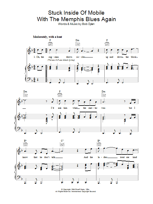 Download Bob Dylan Stuck Inside Of Mobile With The Memphis Blues Again Sheet Music and learn how to play Piano, Vocal & Guitar (Right-Hand Melody) PDF digital score in minutes