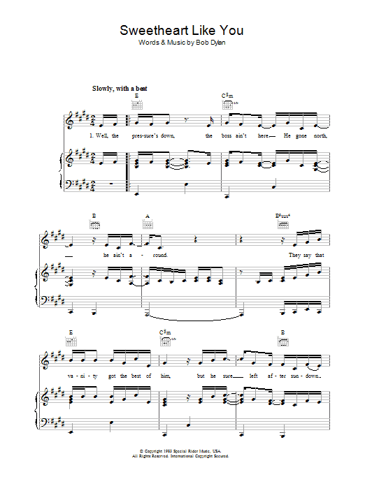 Download Bob Dylan Sweetheart Like You Sheet Music and learn how to play Piano, Vocal & Guitar (Right-Hand Melody) PDF digital score in minutes