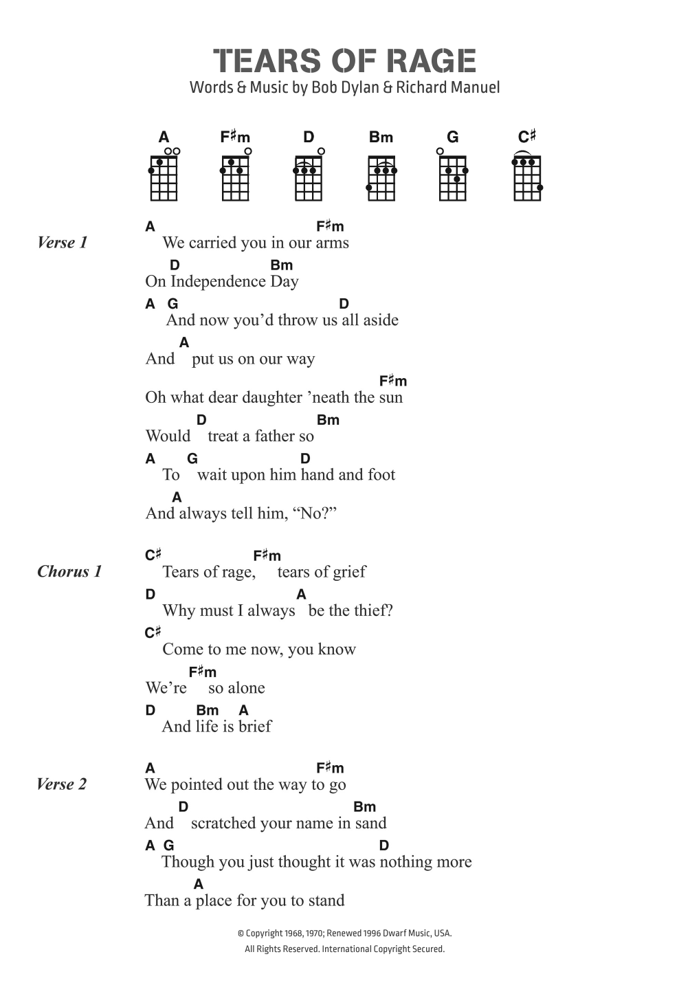 Download Bob Dylan Tears Of Rage Sheet Music and learn how to play Ukulele Lyrics & Chords PDF digital score in minutes