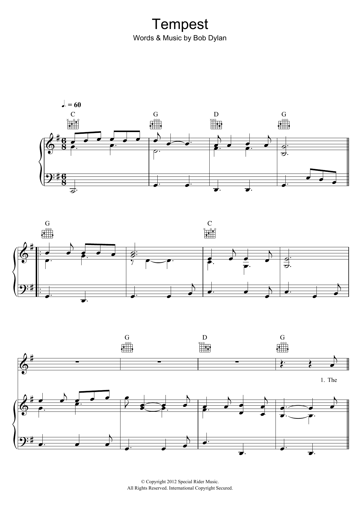 Download Bob Dylan Tempest Sheet Music and learn how to play Piano, Vocal & Guitar (Right-Hand Melody) PDF digital score in minutes