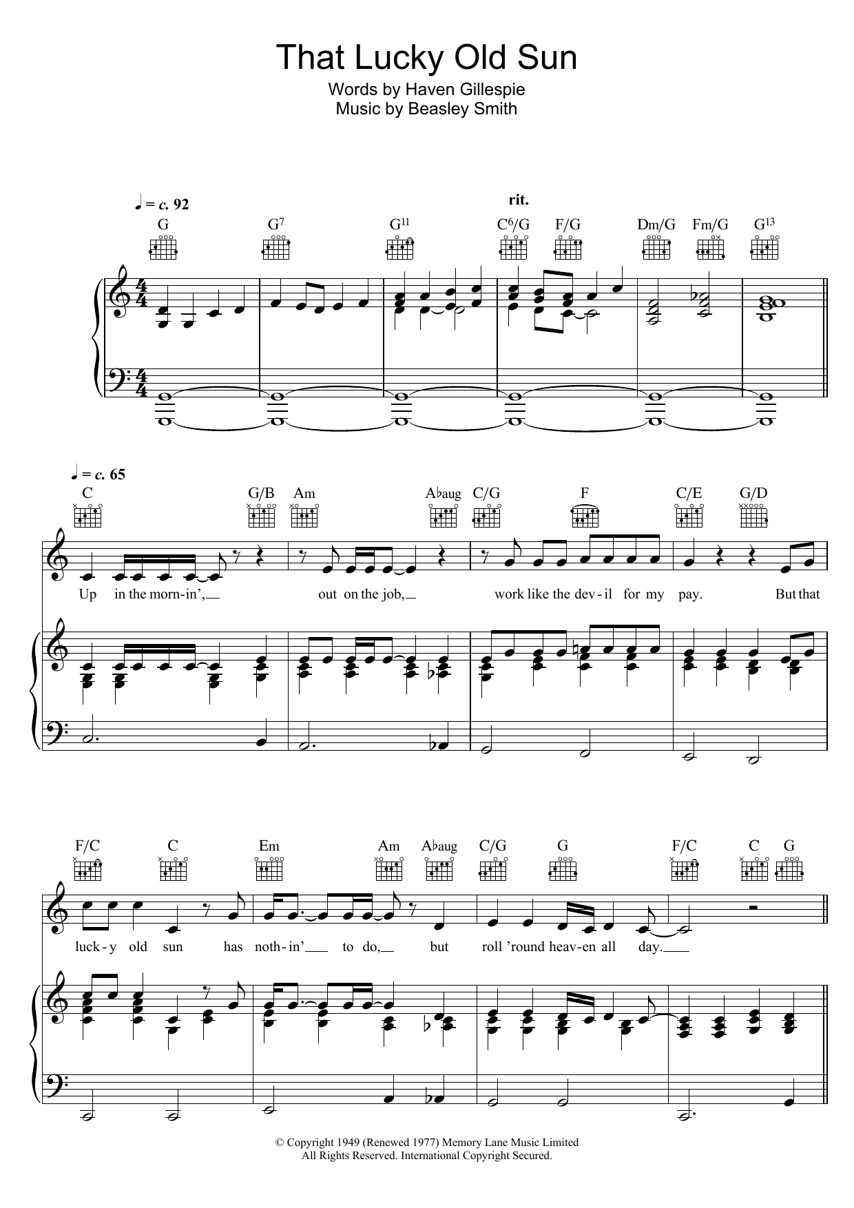 Download Bob Dylan That Lucky Old Sun (Just Rolls Around Heaven All Day) Sheet Music and learn how to play Piano, Vocal & Guitar (Right-Hand Melody) PDF digital score in minutes