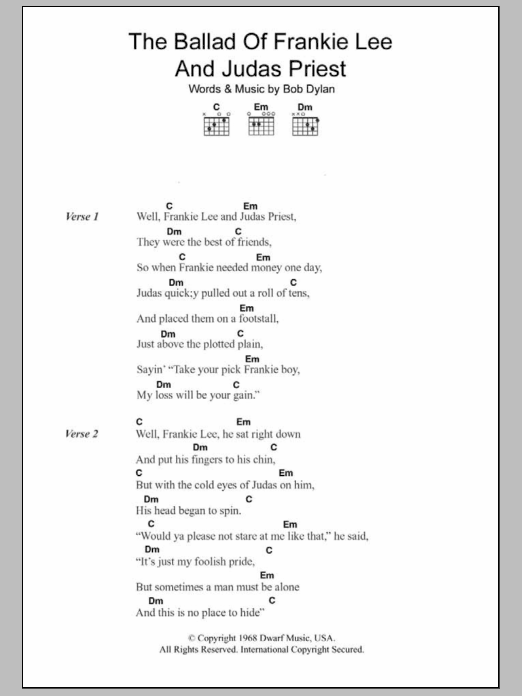 Download Bob Dylan The Ballad Of Frankie Lee And Judas Priest Sheet Music and learn how to play Lyrics & Chords PDF digital score in minutes