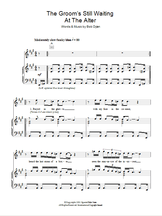 Download Bob Dylan The Groom's Still Waiting At The Altar Sheet Music and learn how to play Piano, Vocal & Guitar (Right-Hand Melody) PDF digital score in minutes