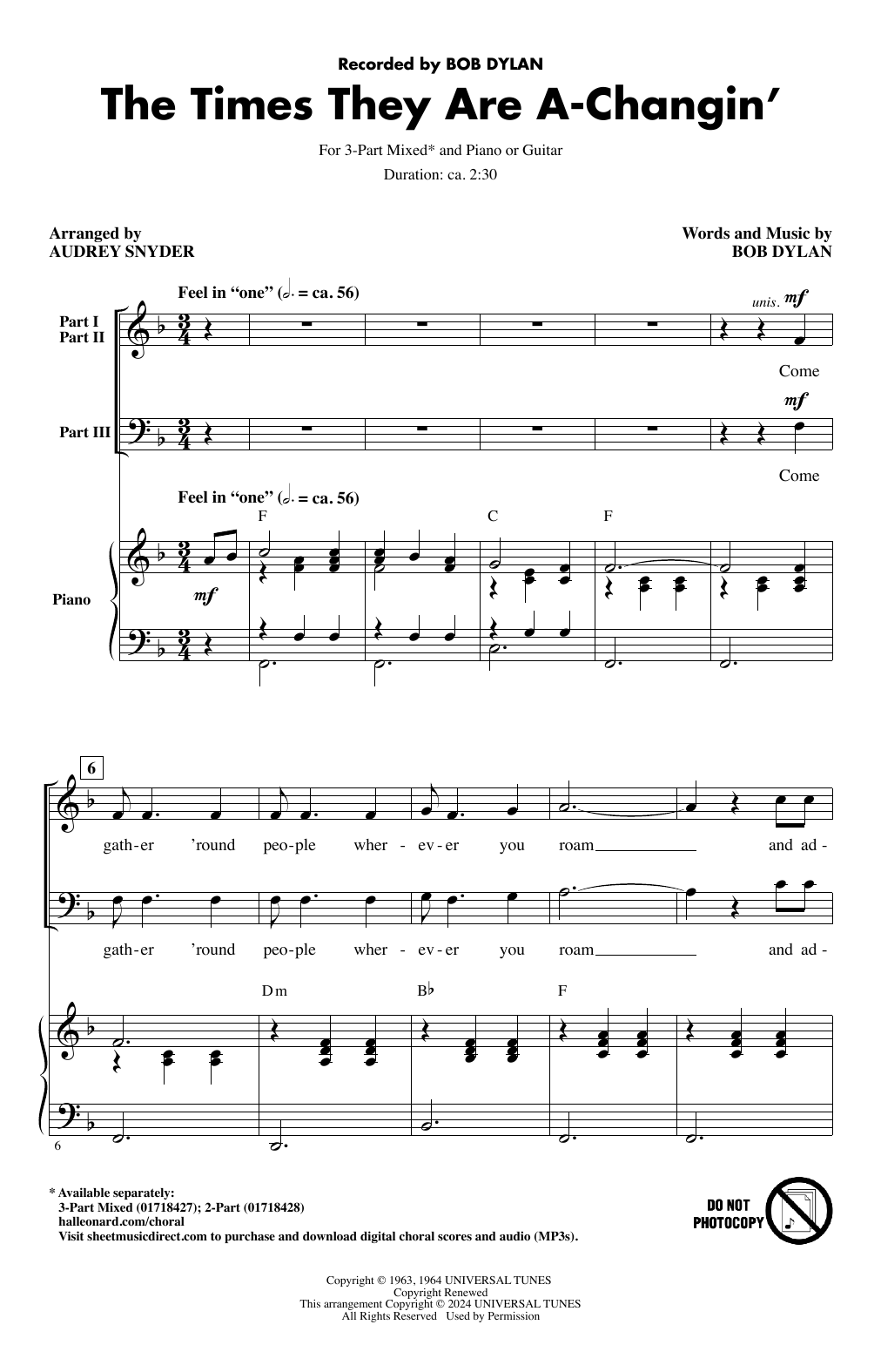 Download Bob Dylan The Times They Are A-Changin' (arr. Audrey Snyder) Sheet Music and learn how to play 2-Part Choir PDF digital score in minutes