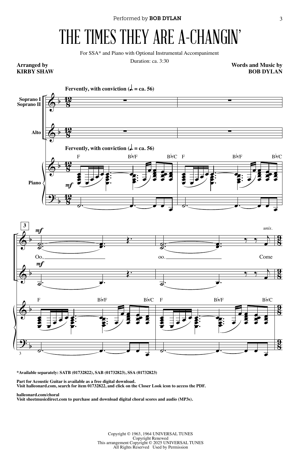 Download Bob Dylan The Times They Are A-Changin' (arr. Kirby Shaw) Sheet Music and learn how to play SAB Choir PDF digital score in minutes