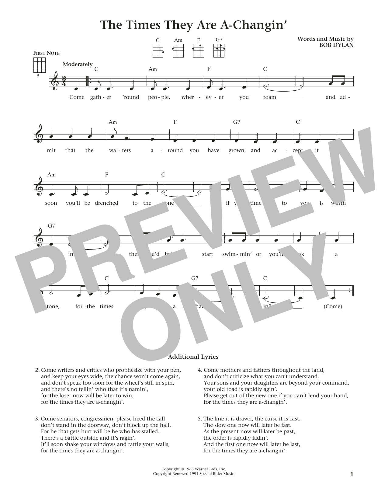 Download Bob Dylan The Times They Are A-Changin' Sheet Music and learn how to play Ukulele PDF digital score in minutes