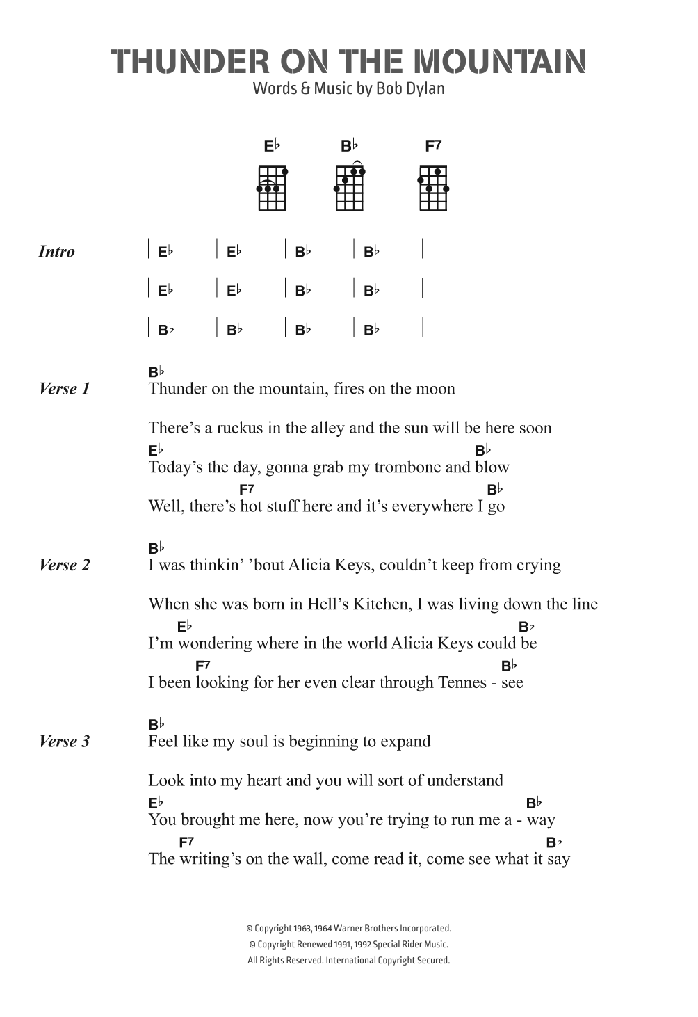 Download Bob Dylan Thunder On The Mountain Sheet Music and learn how to play Ukulele Lyrics & Chords PDF digital score in minutes