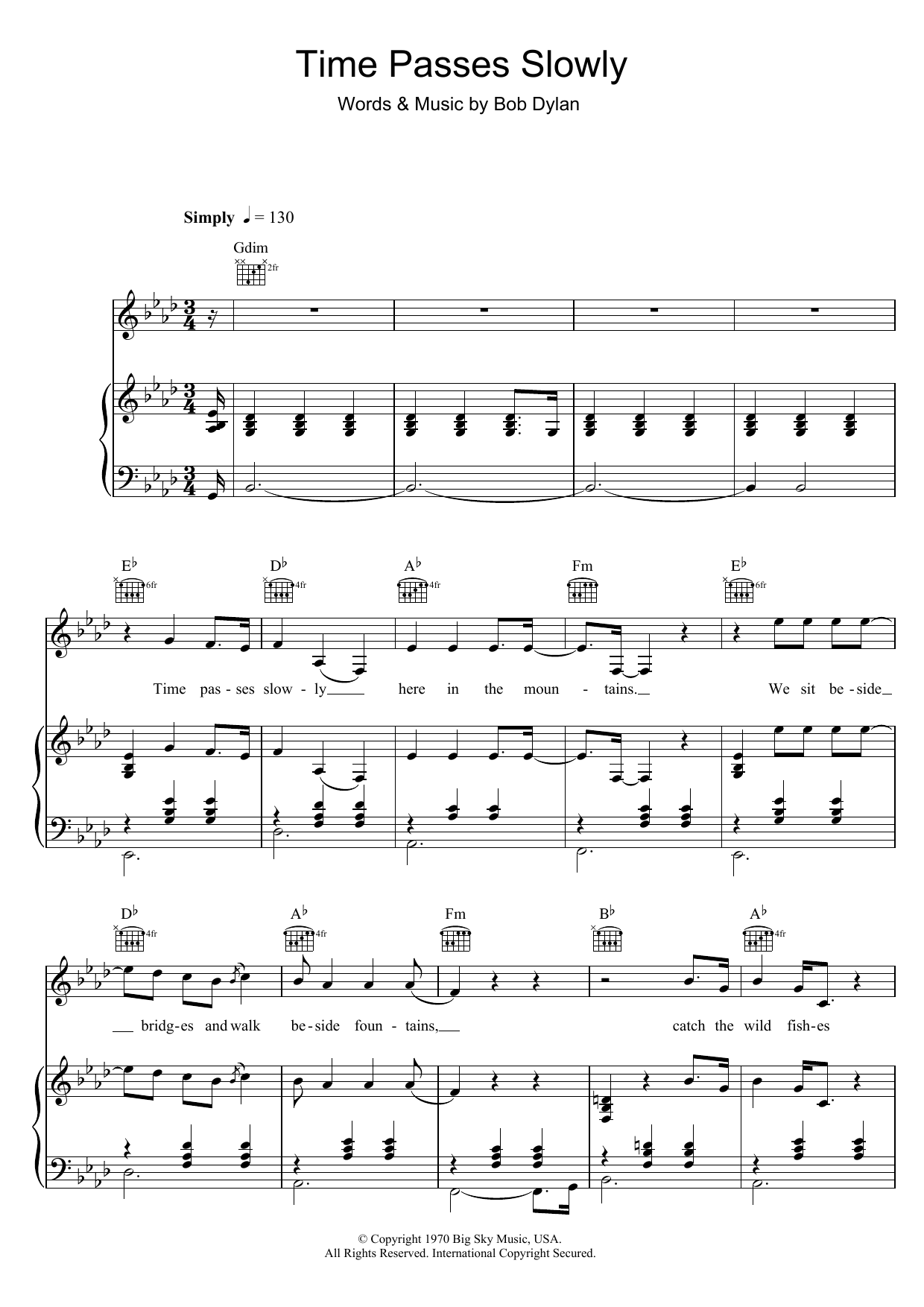 Download Bob Dylan Time Passes Slowly Sheet Music and learn how to play Piano, Vocal & Guitar (Right-Hand Melody) PDF digital score in minutes