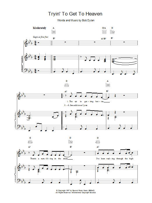 Download Bob Dylan Tryin'To Get To Heaven Sheet Music and learn how to play Piano, Vocal & Guitar (Right-Hand Melody) PDF digital score in minutes