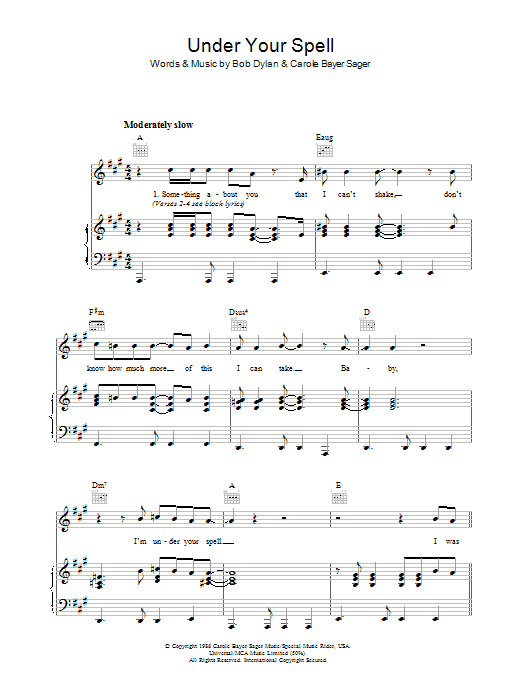 Download Bob Dylan Under Your Spell Sheet Music and learn how to play Piano, Vocal & Guitar (Right-Hand Melody) PDF digital score in minutes
