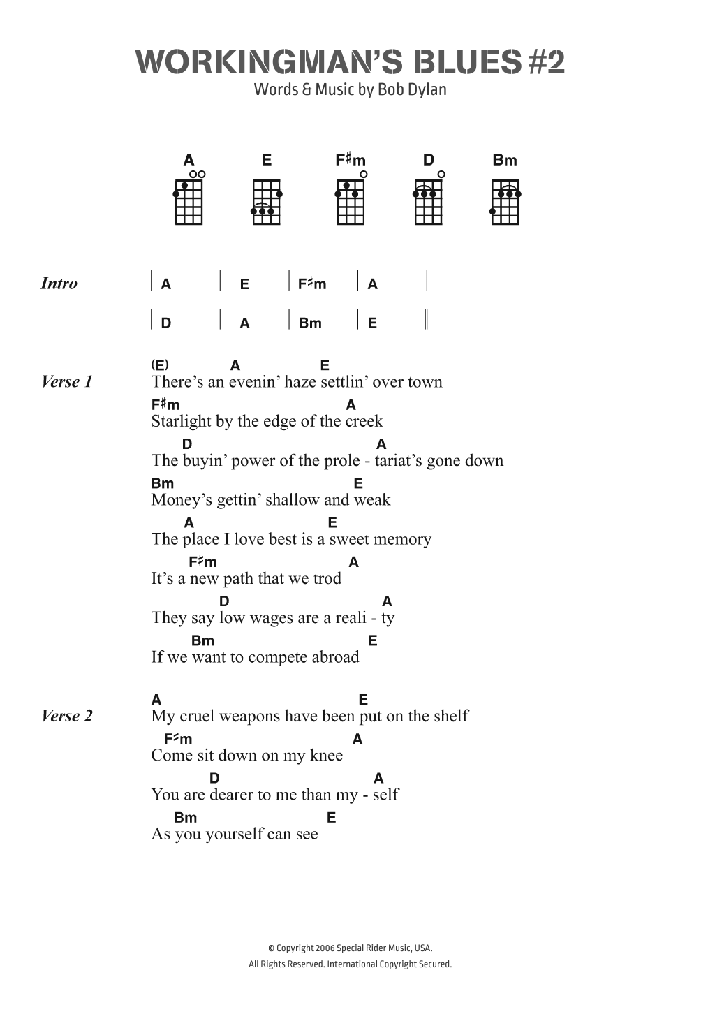 Download Bob Dylan Workingman's Blues # 2 Sheet Music and learn how to play Ukulele Lyrics & Chords PDF digital score in minutes