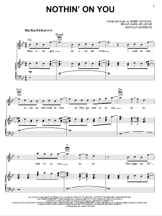 Download B.o.B Nothin' On You (feat. Bruno Mars) Sheet Music and learn how to play Piano, Vocal & Guitar (Right-Hand Melody) PDF digital score in minutes