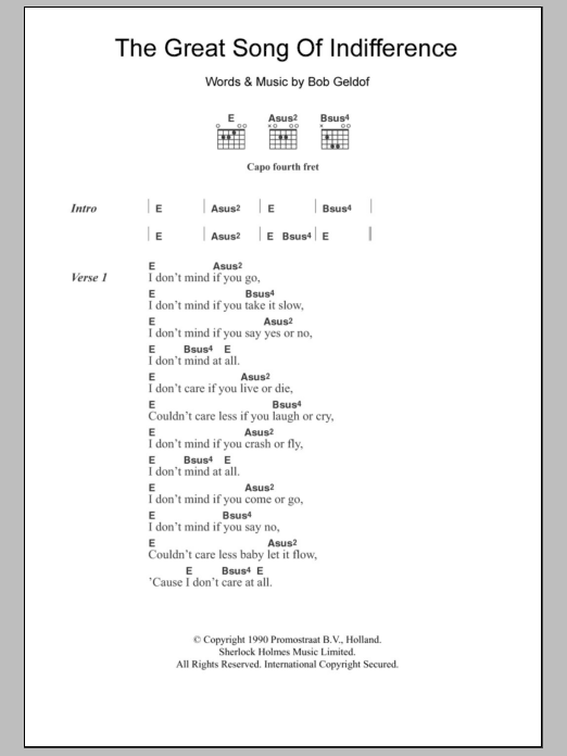 Download Bob Geldof The Great Song Of Indifference Sheet Music and learn how to play Lyrics & Chords PDF digital score in minutes