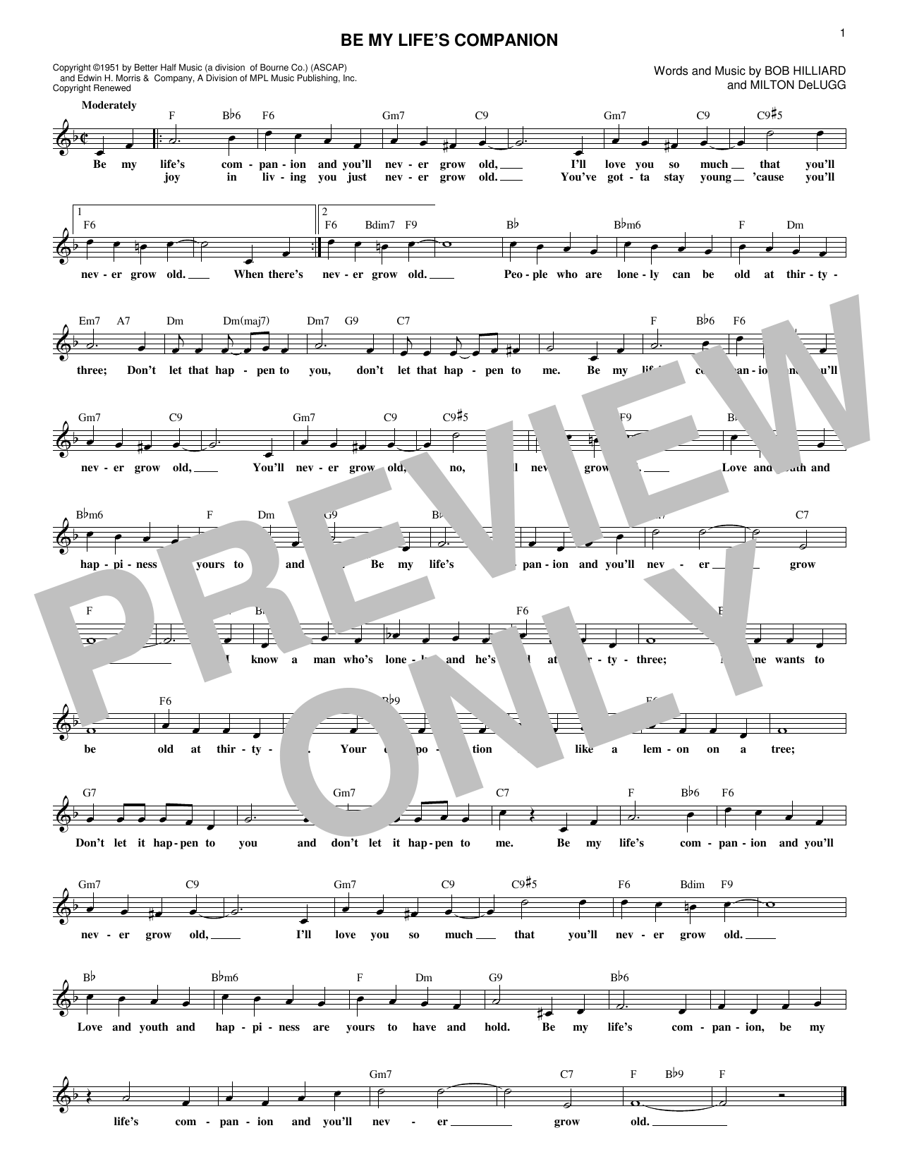 Download Bob Hilliard Be My Life's Companion Sheet Music and learn how to play Melody Line, Lyrics & Chords PDF digital score in minutes