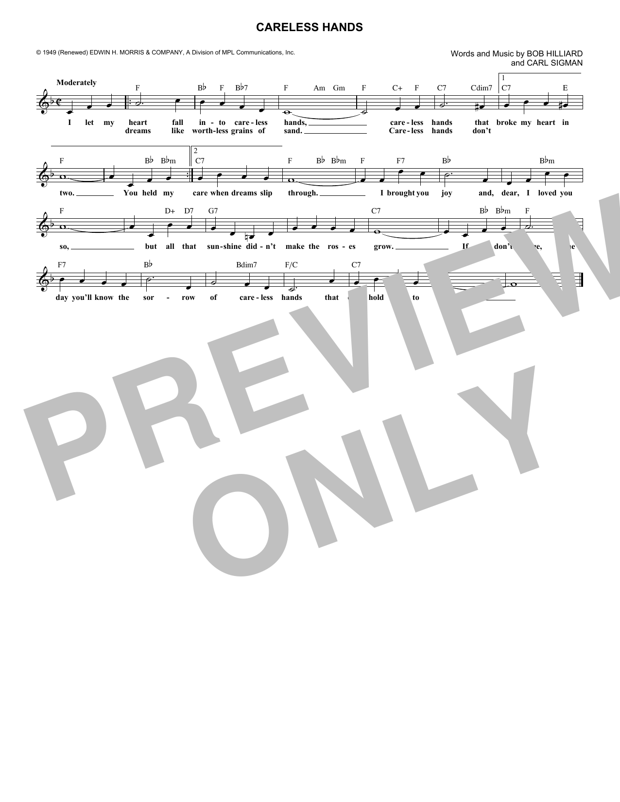 Download Bob Hilliard Careless Hands Sheet Music and learn how to play Melody Line, Lyrics & Chords PDF digital score in minutes