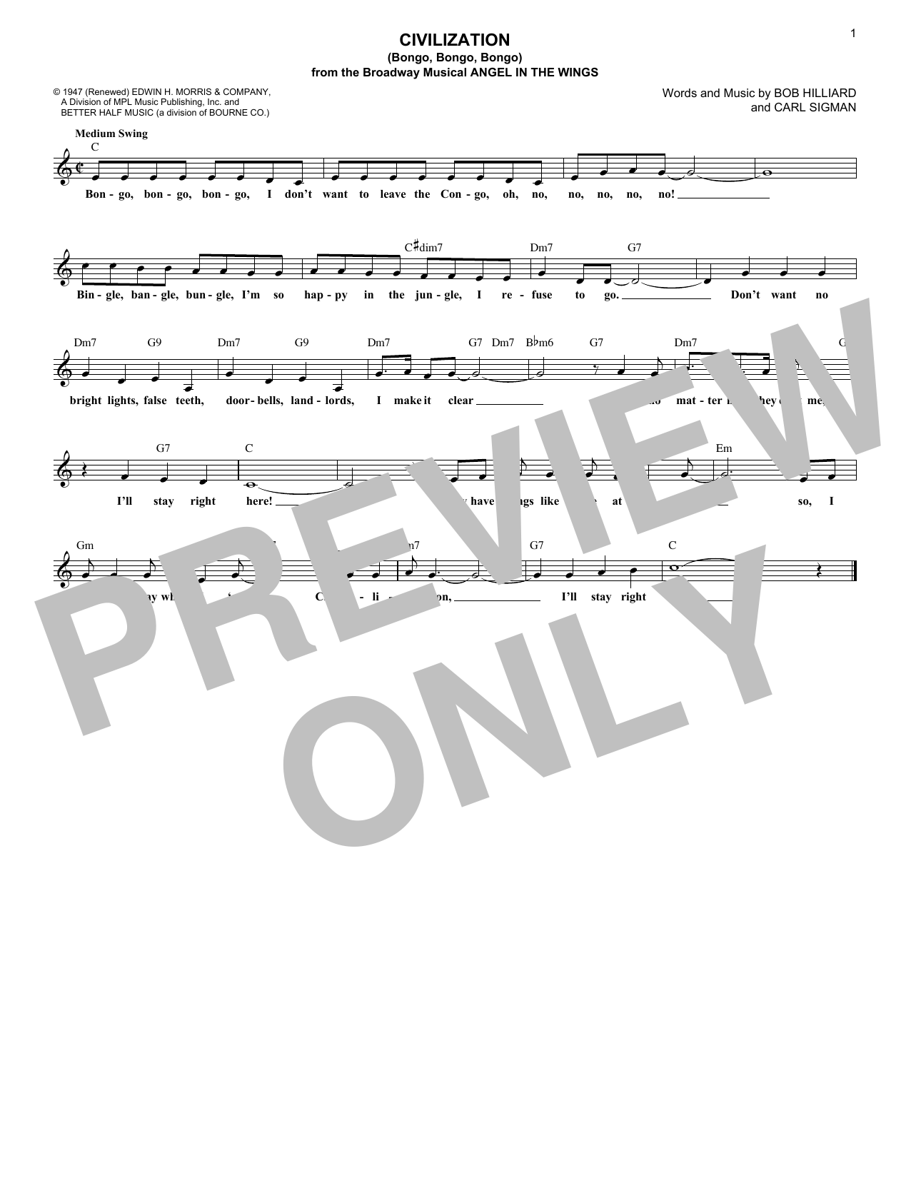 Download Bob Hilliard Civilization (Bongo, Bongo, Bongo) Sheet Music and learn how to play Melody Line, Lyrics & Chords PDF digital score in minutes