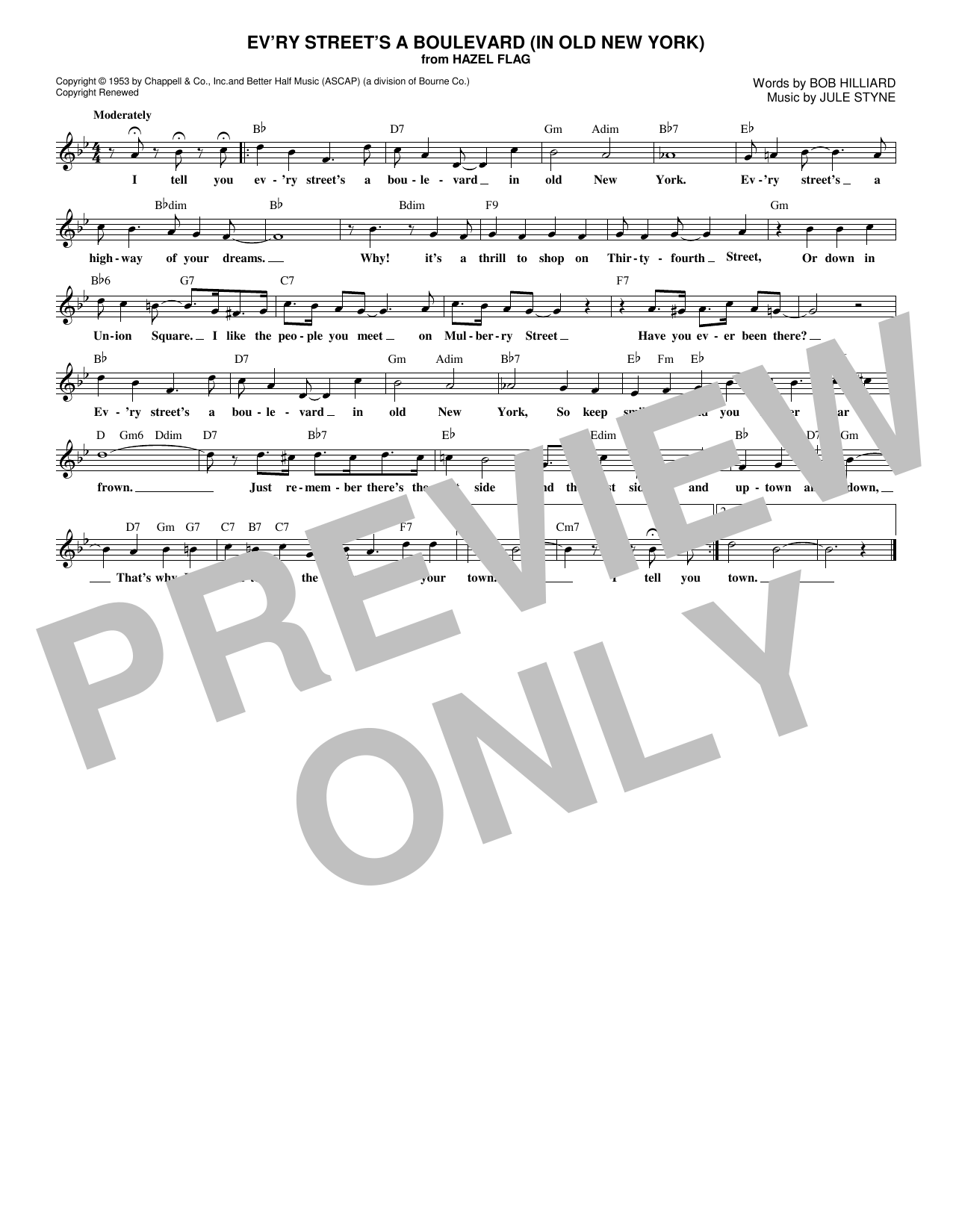 Download Bob Hilliard Ev'ry Street's A Boulevard (In Old New York) Sheet Music and learn how to play Melody Line, Lyrics & Chords PDF digital score in minutes