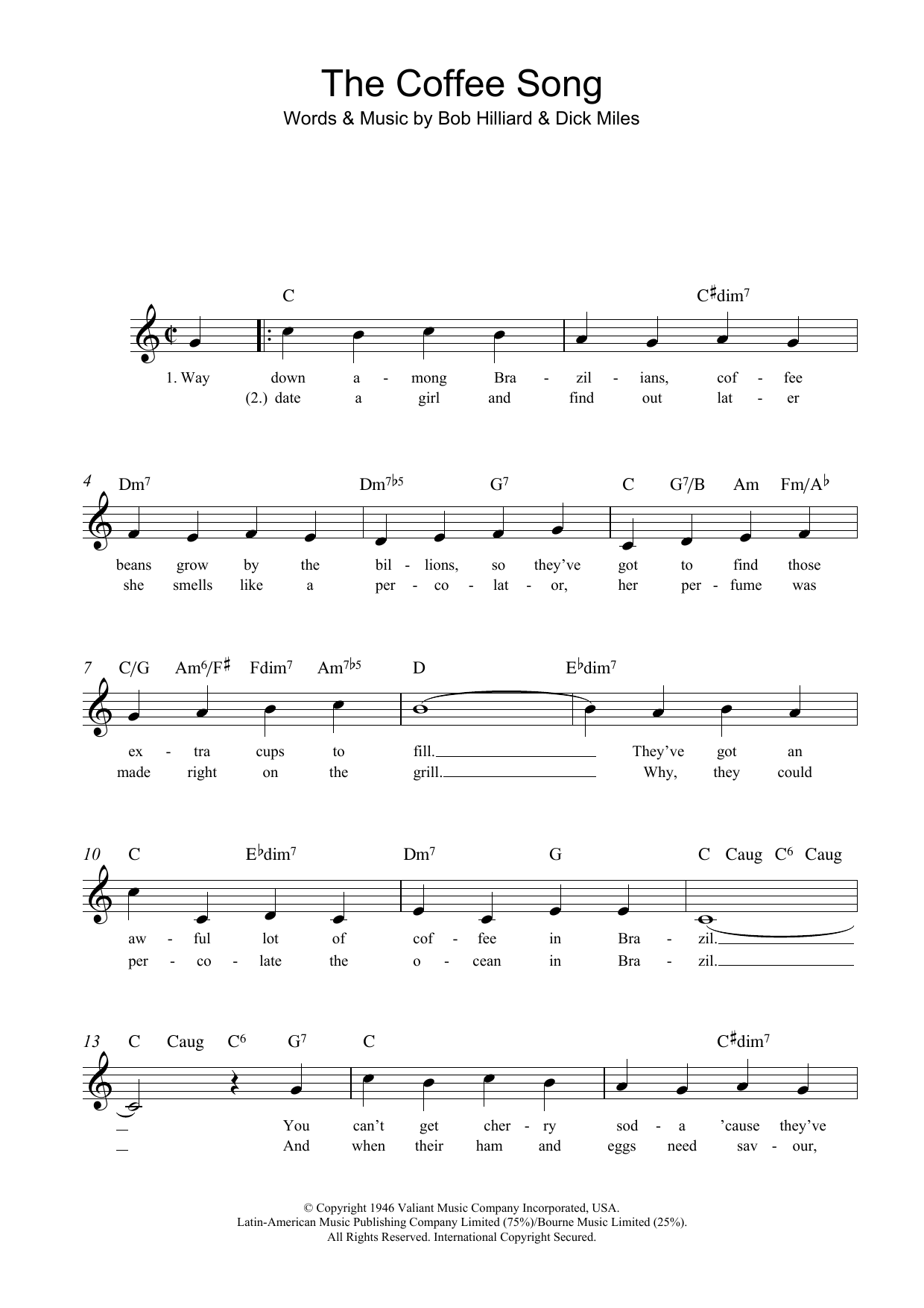 Download Bob Hilliard The Coffee Song Sheet Music and learn how to play Melody Line, Lyrics & Chords PDF digital score in minutes