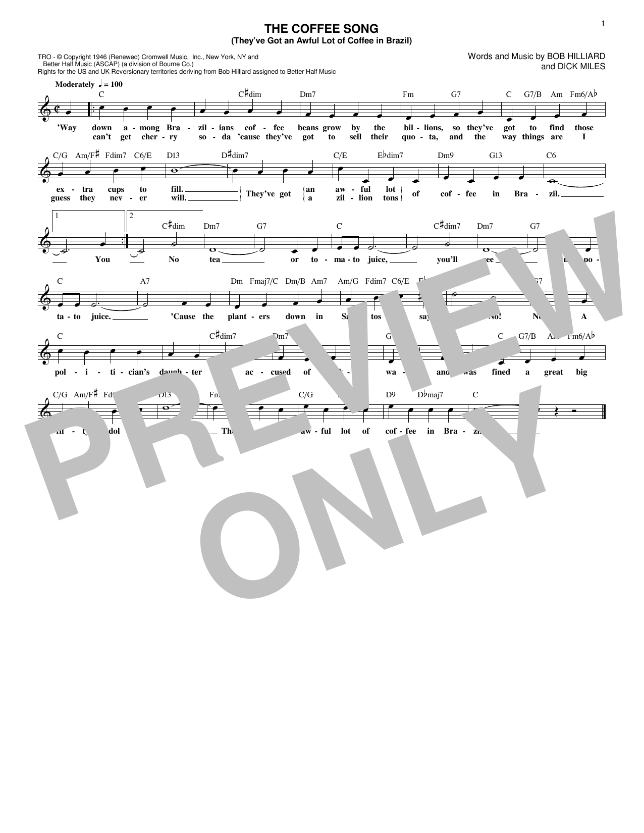 Download Bob Hilliard The Coffee Song (They've Got An Awful Lot Of Coffee In Brazil) Sheet Music and learn how to play Melody Line, Lyrics & Chords PDF digital score in minutes