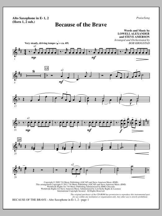 Download Bob Krogstad Because Of The Brave - Alto Sax 1-2 (sub. Horn 1-2) Sheet Music and learn how to play Choir Instrumental Pak PDF digital score in minutes