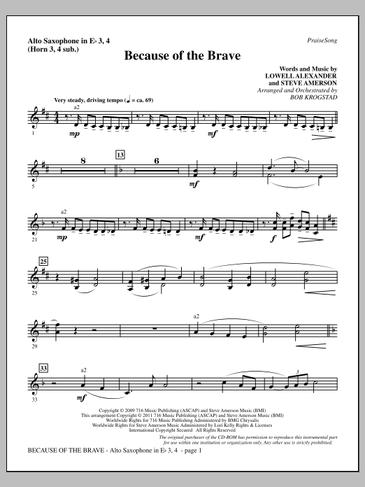 Download Bob Krogstad Because Of The Brave - Alto Sax 3-4 (sub. Horn 3-4) Sheet Music and learn how to play Choir Instrumental Pak PDF digital score in minutes