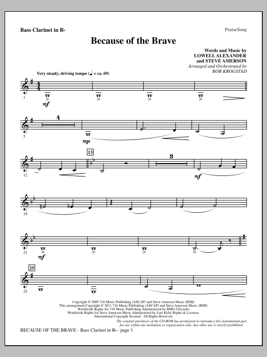 Download Bob Krogstad Because Of The Brave - Bass Clarinet Sheet Music and learn how to play Choir Instrumental Pak PDF digital score in minutes