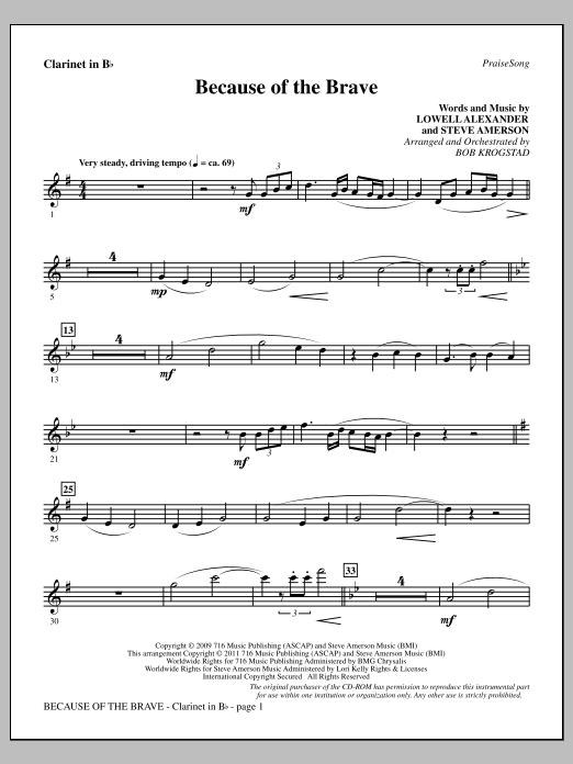 Download Bob Krogstad Because Of The Brave - Clarinet Sheet Music and learn how to play Choir Instrumental Pak PDF digital score in minutes