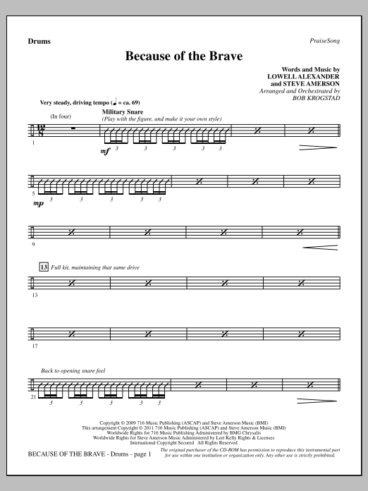 Download Bob Krogstad Because Of The Brave - Drums Sheet Music and learn how to play Choir Instrumental Pak PDF digital score in minutes