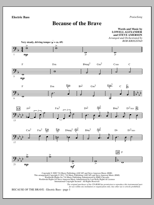 Download Bob Krogstad Because Of The Brave - Electric Bass Sheet Music and learn how to play Choir Instrumental Pak PDF digital score in minutes