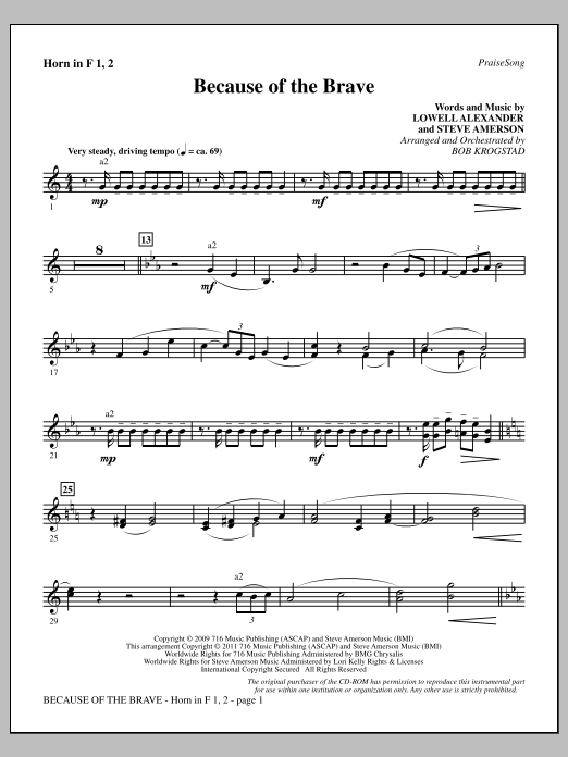 Download Bob Krogstad Because Of The Brave - F Horn 1 & 2 Sheet Music and learn how to play Choir Instrumental Pak PDF digital score in minutes