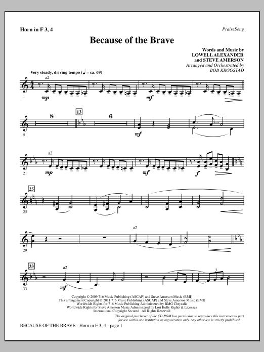 Download Bob Krogstad Because Of The Brave - F Horn 3 & 4 Sheet Music and learn how to play Choir Instrumental Pak PDF digital score in minutes
