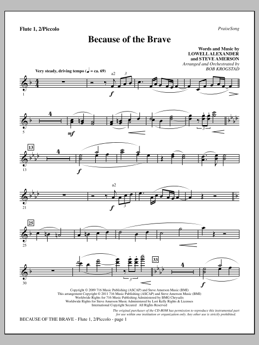 Download Bob Krogstad Because Of The Brave - Flute 1,2/Piccolo Sheet Music and learn how to play Choir Instrumental Pak PDF digital score in minutes