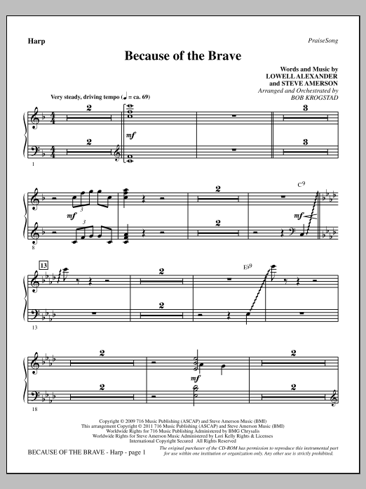 Download Bob Krogstad Because Of The Brave - Harp Sheet Music and learn how to play Choir Instrumental Pak PDF digital score in minutes