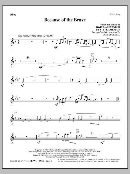 Download Bob Krogstad Because Of The Brave - Oboe Sheet Music and learn how to play Choir Instrumental Pak PDF digital score in minutes
