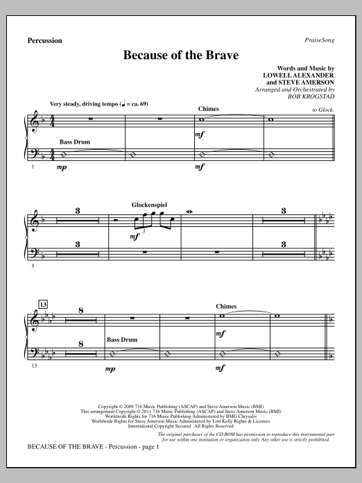 Download Bob Krogstad Because Of The Brave - Percussion Sheet Music and learn how to play Choir Instrumental Pak PDF digital score in minutes